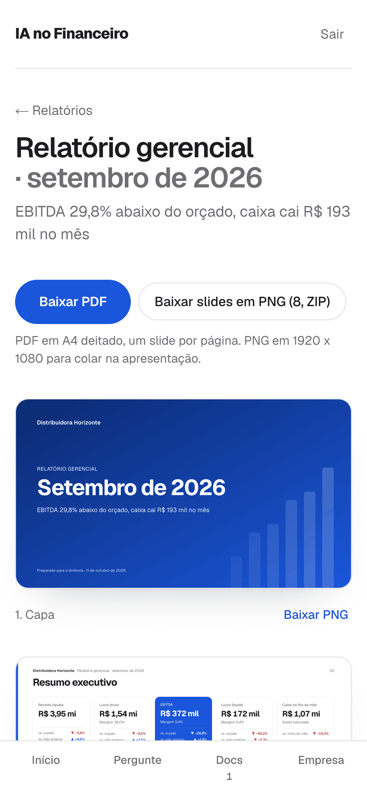 Relatório gerencial do mês com KPIs, gráficos e DRE gerencial